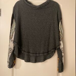 Free People Gray Top with Patterned Sleeves